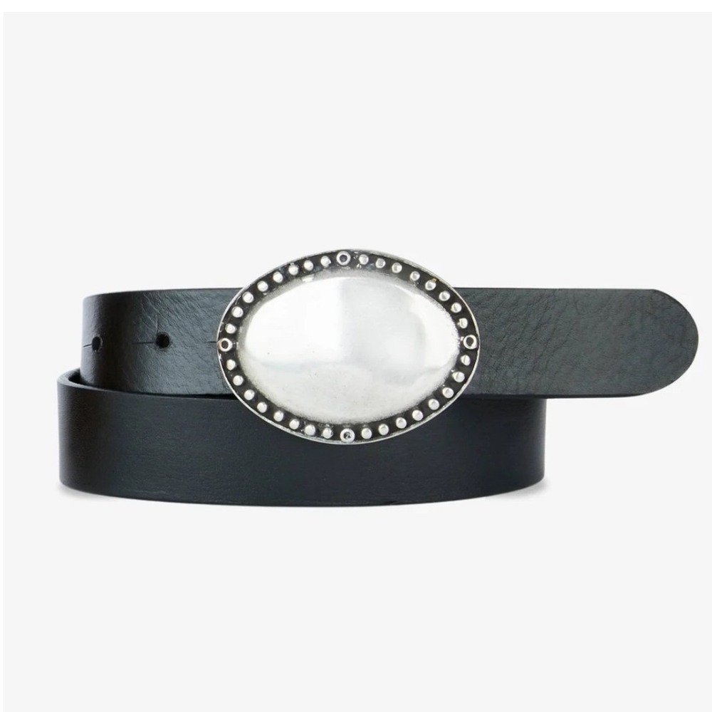FOSSIL‎ Black Leather Belt Women's Big Buckle Western Boho Hammered Southwestern